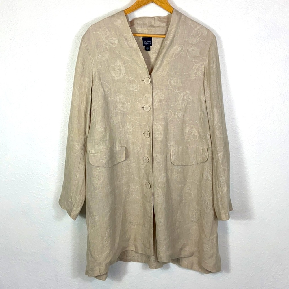 Euc Eileen Fisher 100% tan linen Duster hip length Jacket M